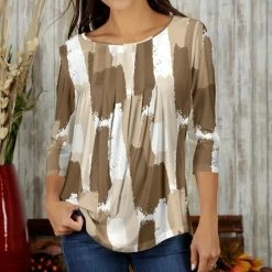 Cheap 🧨 Bon Apple Tea Cream & Beige Abstract Pleated Crewneck Top - 👩 Women & Plus ⌛