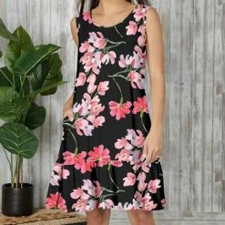 Promo 👏 Bon Apple Tea Black & Pink Floral Sleeveless Pocket Shift 👗 Dress - 👩 Women & Plus 😀