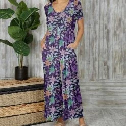 Outlet 🔔 Bon Apple Tea Purple & Turquoise Floral Empire-Waist Wide-Leg Jumpsuit - 👩 Women & Plus ✨