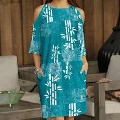 Brand new 👏 Bon Apple Tea Turquoise & White Leaf Pocket Cutout Shift 👗 Dress - 👩 Women & Plus 😉