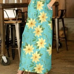 Cheapest 🌟 Bon Apple Tea Turquoise & Yellow Floral Drawstring Pocket Maxi 👗 Skirt - 👩 Women & Plus 😉