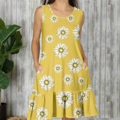 Cheapest 🎁 Bon Apple Tea Yellow & White Floral Sleeveless Pocket Shift 👗 Dress - 👩 Women & Plus 🥰