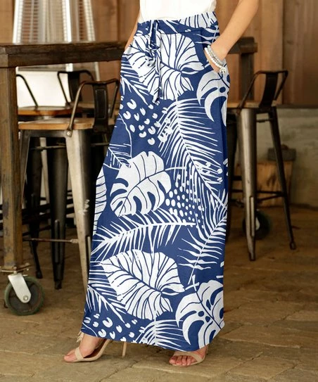 Best Pirce π Bon Apple Tea Blue & White Floral Drawstring Pocket Maxi π Skirt - π© Women & Plus π
