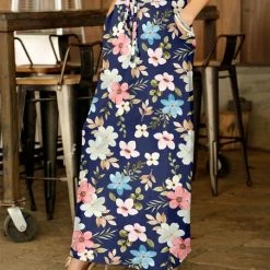 Outlet ✔️ Bon Apple Tea Navy & White Floral Drawstring Pocket Maxi 👗 Skirt - 👩 Women & Plus 🛒