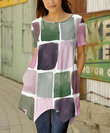 Wholesale β€οΈ Bon Apple Tea Lavender & Green Abstract Handkerchief Tunic - π© Women & Plus π