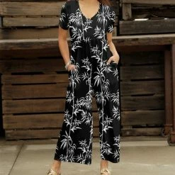 Brand new 🎁 Bon Apple Tea Black & White Floral Empire-Waist Wide-Leg Jumpsuit - 👩 Women & Plus 🔔