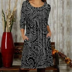 Outlet 🛒 Bon Apple Tea Black & White Curlicue Pocket A-Line 👗 Dress - 👩 Women & Plus 🥰