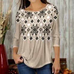 Best Sale 🎁 Bon Apple Tea Cream & Black Fair Isle Pleated Three-Quarter Sleeve Top - 👩 Women & Plus 🔥