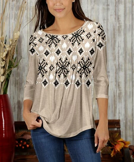 Best Sale π Bon Apple Tea Cream & Black Fair Isle Pleated Three-Quarter Sleeve Top - π© Women & Plus π₯ 1 Best Sale π Bon Apple Tea Cream & Black Fair Isle Pleated Three-Quarter Sleeve Top - π© Women & Plus π₯