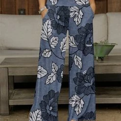 Buy 😍 Bon Apple Tea Blue & White Leaf Pocket Wide-Leg Pants - 👩 Women & Plus 🎉