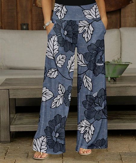 Buy π Bon Apple Tea Blue & White Leaf Pocket Wide-Leg Pants - π© Women & Plus π 1 Buy π Bon Apple Tea Blue & White Leaf Pocket Wide-Leg Pants - π© Women & Plus π