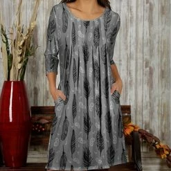 Wholesale ⭐ Bon Apple Tea Gray & Black Feather Pocket A-Line 👗 Dress - 👩 Women & Plus 🥰