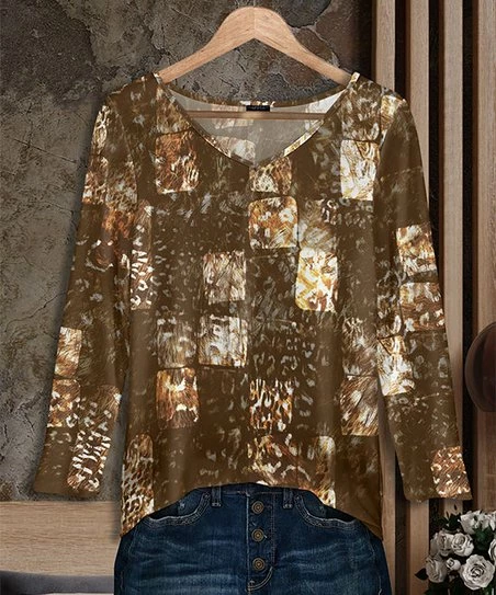 Best deal โ Bon Apple Tea Brown & Beige Patchwork V-Neck Tunic - ๐ฉ Women & Plus ๐