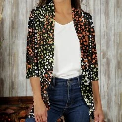 Budget 🛒 Bon Apple Tea Black & Orange Dot Ruffle Open Cardigan - 👩 Women & Plus ❤️