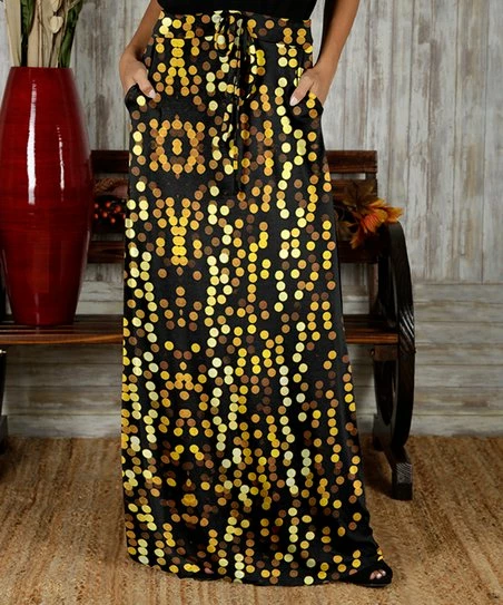 Best deal 😀 Bon Apple Tea Yellow & Black Dot Drawstring Pocket Maxi 👗 Skirt - 👩 Women & Plus 🥰