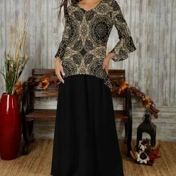 Cheap 🔥 Bon Apple Tea Beige Mandala Bell-Sleeve V-Neck Tunic & Black Maxi 👗 Skirt - 👩 Women & Plus 😉