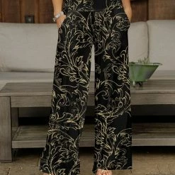 Brand new 🛒 Bon Apple Tea Black & Cream Floral Pocket Wide-Leg Pants - 👩 Women & Plus 🔔