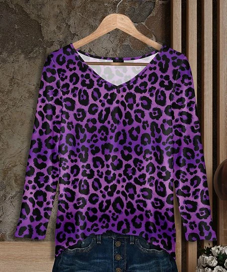Best Pirce β€οΈ Bon Apple Tea Purple Leopard Long-Sleeve V-Neck Tunic - π© Women & Plus π€©