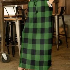 Hot Sale ⌛ Bon Apple Tea Green & Black Plaid Pocket Drawstring Maxi 👗 Skirt - 👩 Women & Plus 🛒