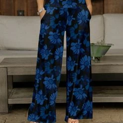 Deals 😉 Bon Apple Tea Blue & Black Floral Pocket Wide-Leg Pants - 👩 Women & Plus 🤩