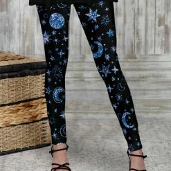 Budget 🧨 Bon Apple Tea Black & Blue Celestial Moon Leggings - 👩 Women & Plus 😍